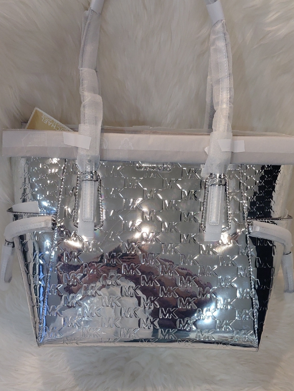 Michael Kors Silver Metallic MK Embossed Tote